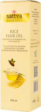 Sattva Rice Hair Oil z rozmarynem i arganem, żółte pudełko 200 ml z grafiką oleju i ryżu, widok z przodu.