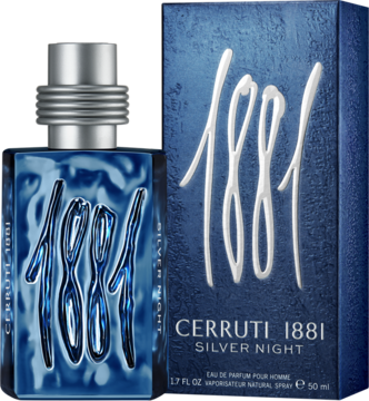 Cerruti 1881 Silver Night, męska woda perfumowana w błękitnej butelce z reliefem 1881 i dopasowanym pudełku, przód.