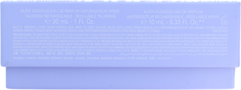 Boczny panel jasnofioletowego opakowania Mugler Alien Goddess z białym tekstem o pojemnościach 30 ml i 10 ml.