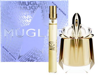 Zestaw Mugler Alien Goddess EDP: złota, rzeźbiona butelka 30ml, elegancki spray 10ml i fioletowe pudełko.