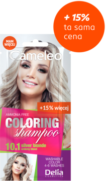 Front opakowania szamponu koloryzującego Cameleo 10.1 srebrny blond, bez amoniaku, z promocją +15%.