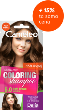 Cameleo szampon koloryzujący 5.0 jasny brąz bez amoniaku, z uśmiechniętą modelką i promocją +15% zawartości.