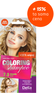 Sachetka Cameleo Szampon koloryzujący 7.0 Blond, z wizerunkiem modelki, +15% więcej bez amoniaku.