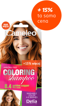 Szamponetka koloryzująca Cameleo 8.4 Golden Copper, opakowanie z modelką, widok z przodu, oferta +15%.