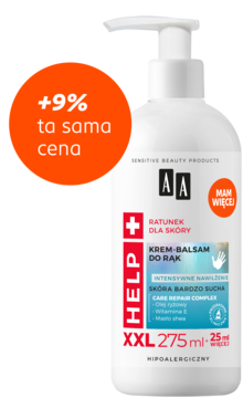 AA Help krem-balsam do rąk XXL 275ml, biała butelka z pompką, do bardzo suchej skóry, na tle pomarańczowej plamy.