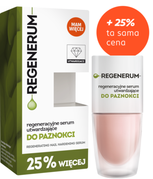 Opakowanie Regenerum serum utwardzającego do paznokci, 25% więcej w tej samej cenie, obok butelka z różowym serum.