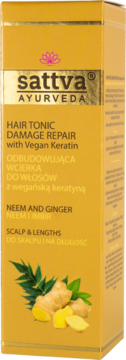 Złote opakowanie toniku Sattva Ayurveda Hair Tonic Damage Repair z wegańską keratyną, neem i imbirem.