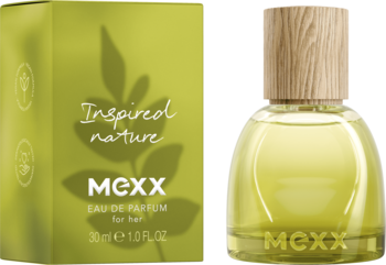 MEXX Inspired Nature woda perfumowana dla niej: zielone pudełko z liśćmi i butelka o organicznym kształcie z drewnianym korkiem.
