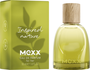 MEXX Inspired Nature woda perfumowana, butelka z drewnianym korkiem i zielone opakowanie z motywem liścia.