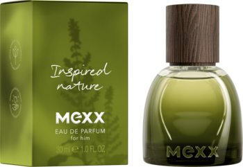 Zielona woda perfumowana MEXX Inspired Nature dla mężczyzn. Pudełko z rośliną i butelka o organicznym kształcie z drewnianym korkiem.