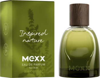 MEXX Inspired Nature męska woda perfumowana. Zielony flakon o organicznym kształcie i kartonik, widok z przodu.