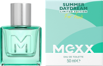 MEXX Summer Daydream woda toaletowa dla mężczyzn w zielononiebieskim flakonie ze srebrną zakrętką i pudełku z falistym wzorem, widok z przodu.