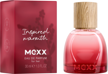 MEXX Inspired Warmth woda perfumowana dla Niej, czerwony flakon z drewnianym korkiem i pudełko, widok z przodu.