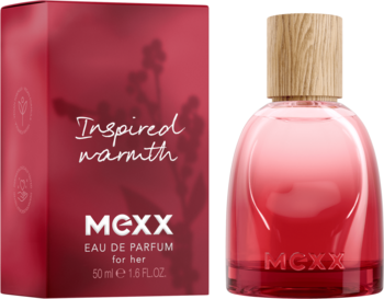 MEXX Inspired Warmth EDP, owocowo-ambrowa, różowy flakon z drewnianym korkiem i czerwone pudełko.