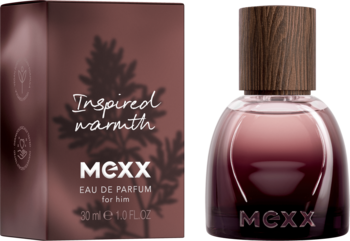 MEXX Inspired Warmth EDP męski 30ml. Bordowy flakon z drewnianą nakrętką i pasujące opakowanie z roślinnym motywem.