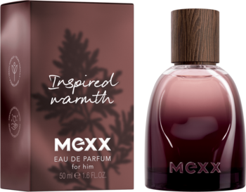 MEXX Inspired Warmth woda perfumowana dla mężczyzn 50ml. Ciemnobrązowa butelka z drewnianą nakrętką i kartonik.