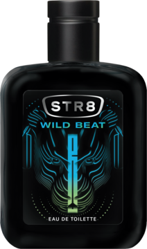STR8 Wild Beat woda toaletowa, czarna butelka z drapieżnym wzorem i logo, widok z przodu.
