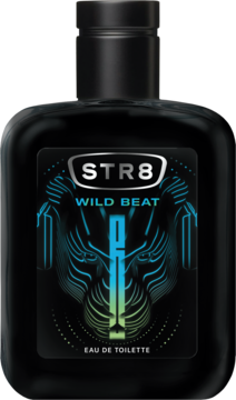 STR8 Wild Beat męska woda toaletowa w czarnym flakonie, z etykietą z neonową głową pantery i słuchawkami, widok z przodu.