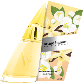 Złota butelka Bruno Banani Sunset Blossom EDT 50ml oraz kartonik z kwiatami i wanilią, widok z przodu.