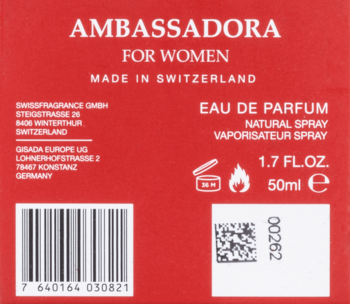 Tył czerwonego opakowania perfum Ambassadora For Women 50ml, z białym tekstem, kodem kreskowym i piktogramami.