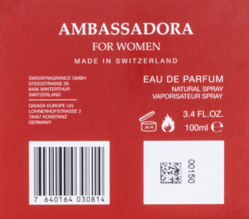 Tył czerwonego opakowania perfum Ambassadora dla kobiet, widoczne informacje o produkcie, kod kreskowy i QR.