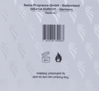 Gisada Donna, tył opakowania perfum. Widoczne informacje o producencie, kod kreskowy i symbole PAO, łatwopalności.