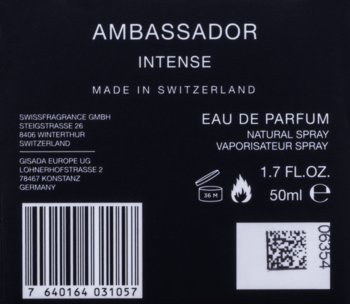 Tył czarnego opakowania Gisada Ambassador Intense Eau de Parfum 50ml, widoczne dane producenta i kody.