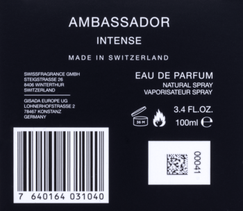 Tył czarnego opakowania Gisada Ambassador Intense Eau de Parfum 100ml, z kodem kreskowym i napisami.