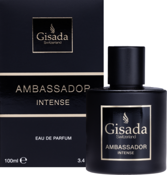 Gisada Ambassador Intense EDP dla mężczyzn 100ml, czarna butelka i pudełko ze złotymi napisami, widok z przodu.