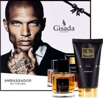 Zestaw Gisada Ambassador For Men: flakon perfum i tubka żelu pod prysznic, na tle białego pudełka z modelem.