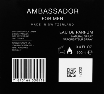 Tył opakowania męskiej wody perfumowanej Gisada Ambassador 100ml, czarna etykieta z białym tekstem i kodem kreskowym.