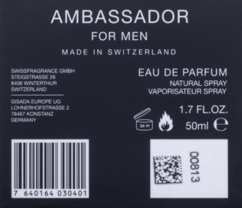 Tył opakowania Ambassador For Men Eau de Parfum 50ml, czarny, z białym tekstem, kodem kreskowym i QR code.