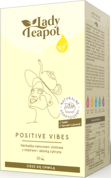 Lady Teapot Positive Vibes, herbatka owocowo-ziołowa z imbirem i cytryną, w jasnobeżowym pudełku, widok z przodu i boku.