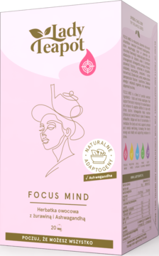 Różowe pudełko herbaty Lady Teapot Focus Mind z Ashwagandhą, dla koncentracji, kobieta z czajnikiem, widok z przodu.