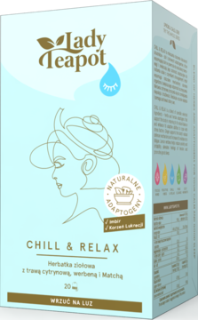 Jasnoniebieskie pudełko herbaty Lady Teapot Chill & Relax z adaptogenami, cytryną, werbeną i Matchą.