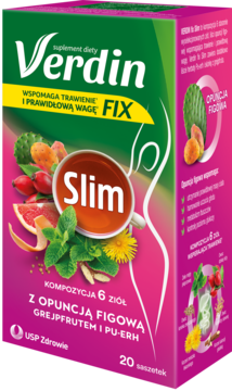 Zielono-różowy kartonik Verdin Fix Slim, ziołowa herbata z opuncją i grejpfrutem, 20 saszetek, wspomaga trawienie, widok z przodu i boku.
