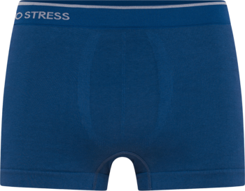 Niebieskie bokserki męskie Pompea, bawełniane, bezszwowe, widok z przodu, z napisem No stress na pasie.