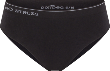 Czarne, bezszwowe majtki Pompea S/M z bawełny, widok z przodu. Na gumce napis 'NO STRESS' i 'pompea S/M'.