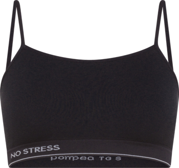 Czarny bawełniany biustonosz sportowy Pompea seamless, z cienkimi ramiączkami i napisem 'NO STRESS'.