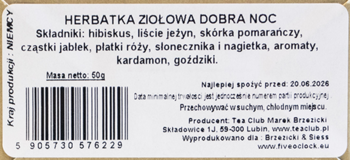 Tył opakowania Herbatki Ziołowej Dobra Noc z listą składników: hibiskus, jabłka, róża, kardamon, goździki.