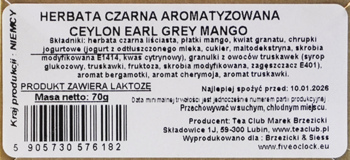 Etykieta herbaty czarnej Ceylon Earl Grey Mango, z Niemiec, 70g, zawiera laktozę i kod kreskowy.