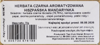 Tył opakowania herbaty czarnej Hiszpańska Mandarynka z widoczną listą składników i kodem kreskowym.