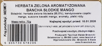 Tył brązowego opakowania herbaty Five O'clock Bancha Słodkie Mango. Biała etykieta z listą składników, datą i kodem EAN.