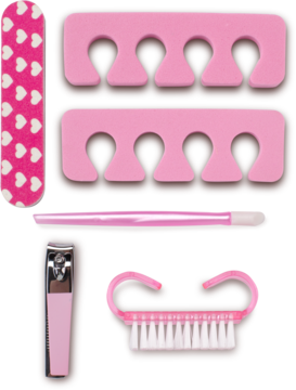 Zestaw do pedicure Fun Care: różowe separatory, pilniczek w serduszka, obcinaczka, szczoteczka i kopytko, widok z góry.