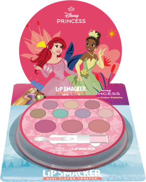 Paleta cieni dla dzieci Lip Smacker Disney Princess, różowa, okrągła, 7 błyszczących cieni, widok z przodu.