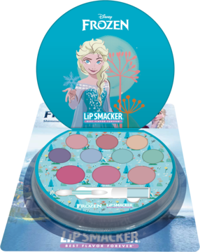 Otwarta okrągła paleta do makijażu Lip Smacker Frozen z Elsą, 7 cieniami, 3 różami i aplikatorem.