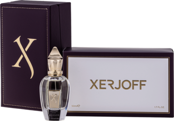 Xerjoff Allende unisex woda perfumowana, butelka ze złotą zakrętką i dwa purpurowe pudełka z logo.