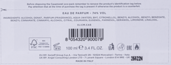 Tył jasnego opakowania perfum Xerjoff CasaFutura Casamorati, 100ml, z widocznym składem, kodem kreskowym i logo.