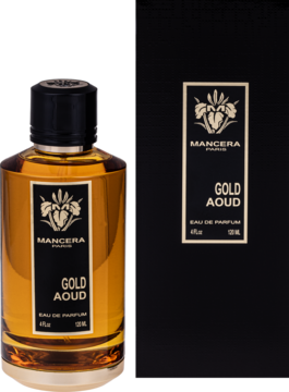 Mancera Gold Aoud Eau de Parfum: złota butelka i czarne pudełko z etykietami, widok z przodu, lekki kąt.