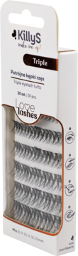 Opakowanie KillyS Triple Love Lashes z 30 potrójnymi kępkami rzęs, czarne rzęsy na białym tle, widok frontalny.
